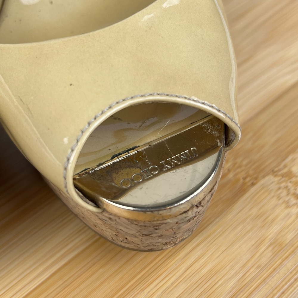 Jimmy Choo Prova Womens Size 6.5 EU 36.5 Yellow Patent Leather Cork Wedge Sandal - Picture 5 of 12